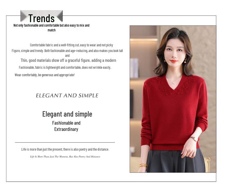 Year of the Rat Women's Red V-neck Jacquard Sweater - Spring/Autumn Pullover