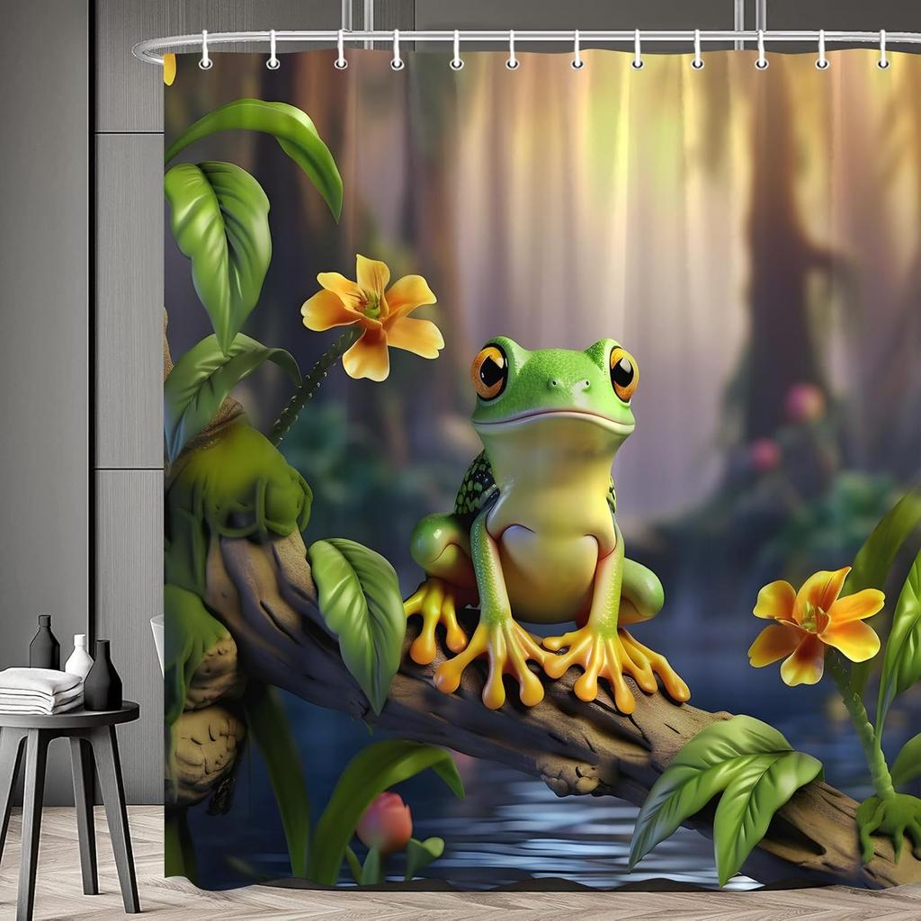 Tropical Forest Frog Shower Curtain Palm Leaf Jungle and Flower Themed Fabric Bathroom Decorative Set, Waterproof with Grommets