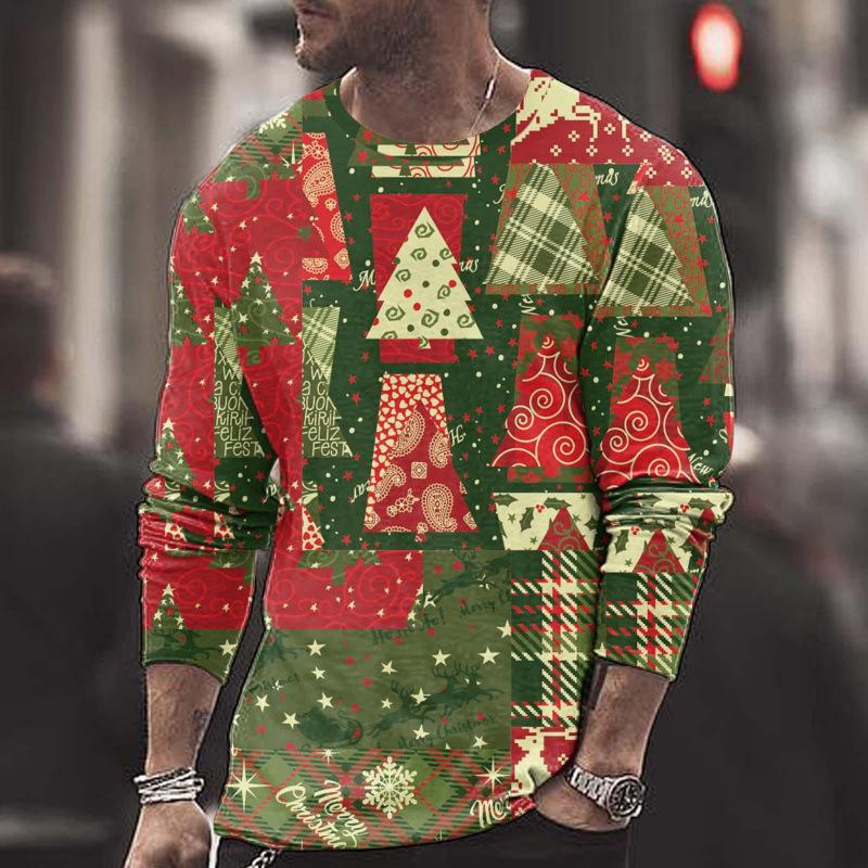 Summer Round Neck Christmas 3D Print Top Fashionable Casual Long Sleeved Men's T-shirts