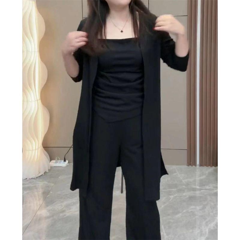 

Минималистичный женский кардиган большого размера средней длины, длинный, стройнящий, с широкими брюками Black three-piece set 3XL