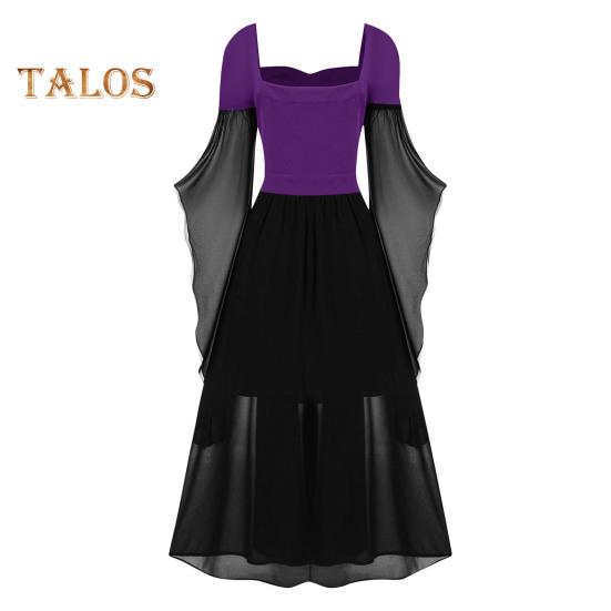 Vinatge Damenkleid, unregelmäßige Hornärmel, einfarbig, A-Linie, großer Saum, schmale Taille, plissierter Schnürriemen, mittelalterliche Halloween-Party, Cosplay-Kostümparty