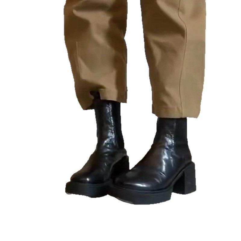 Cowhide Version~ Leather Platform Short Boots Women's Autumn and Winter Retro Chelsea Boots Thick Heel Thin Boots Martin Boots