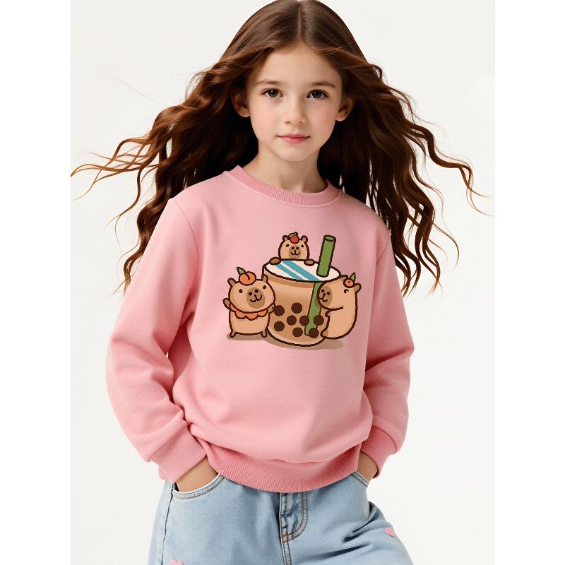 Kids Sweatshirt , Crew Neck Fashion Top, Fun "Cute Bear Bubble Tea" Patterned Sweatshirt, Suitable for Everyday Casual Wear