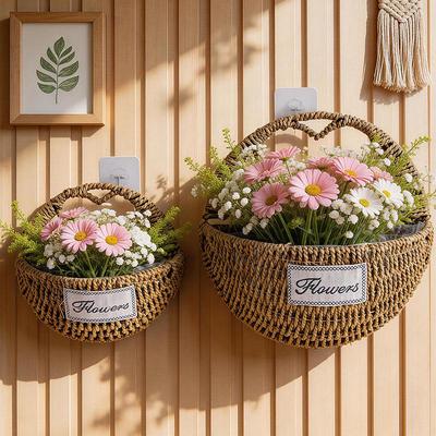 Heart-Shaped Woven Straw Wall Hanging Flower Basket Decoration