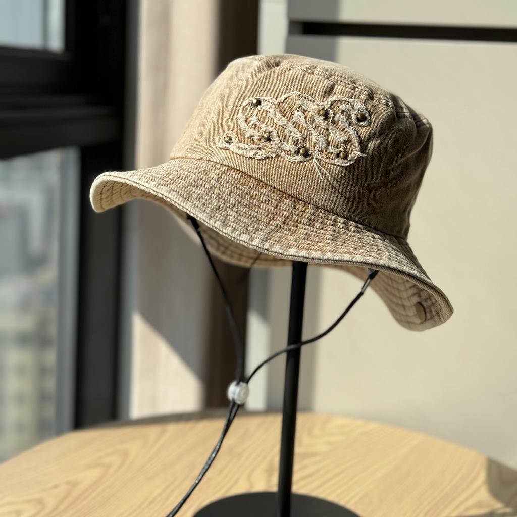 Vintage street style washed wide-brimmed sun protection embroidered fisherman hat for women, camping bucket hat, western cowboy hat