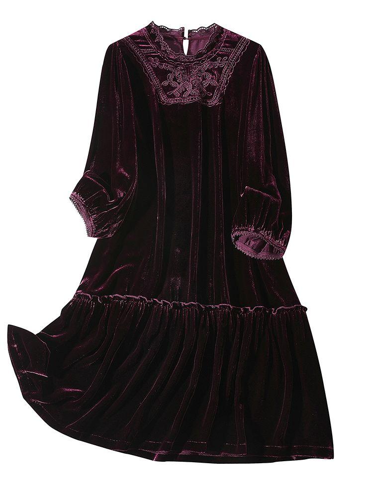 Women's Gold Velvet Dress Spring Autumn Round Neck Solid A Line Dress Midi Length Dresses