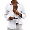 Men's White Linen Long Sleeve Roll Tab Cuff Button Down Casual Shirt