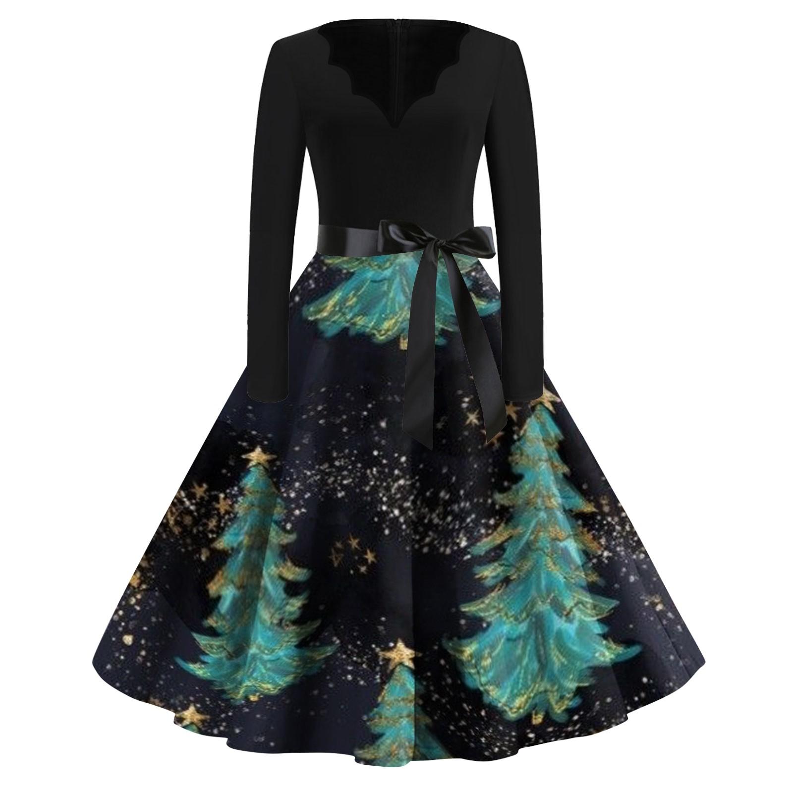 

Женские модные повседневные тонкие рождественские платья с длинным рукавом с v-образным вырезом и принтом M циан