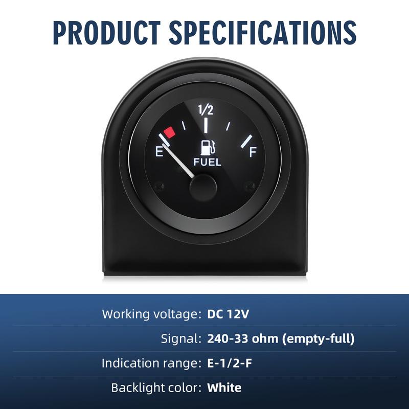 52mm Fuel Level Gauge 240-33ohm Car Meter Fuel Float Sensor Fit 5in-27in Tank Height White LED Light Black Rim Automotive Gauge