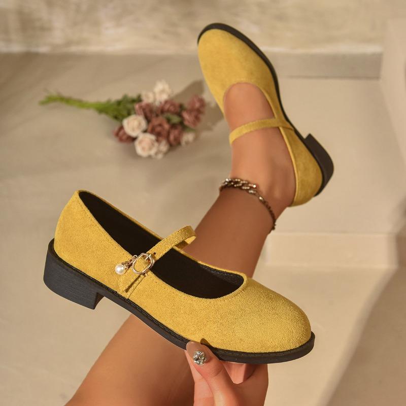 Women Chunky Low Heel Shoes Comfortable Walking Cute Flat Soled Ballerina Shoes Versatile Solid Color Casual Outwear