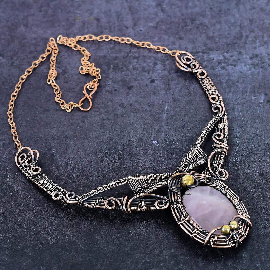 Rose Quartz Gemstone Handmade Copper Wire Wrap Jewelry Necklace 18" ET-4945