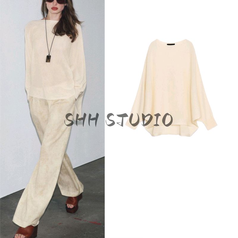 Fall New Women's Clothing French Lazy Style off-Neck Wide Sleeve Design Plain Stitch Knitwear 3920105
