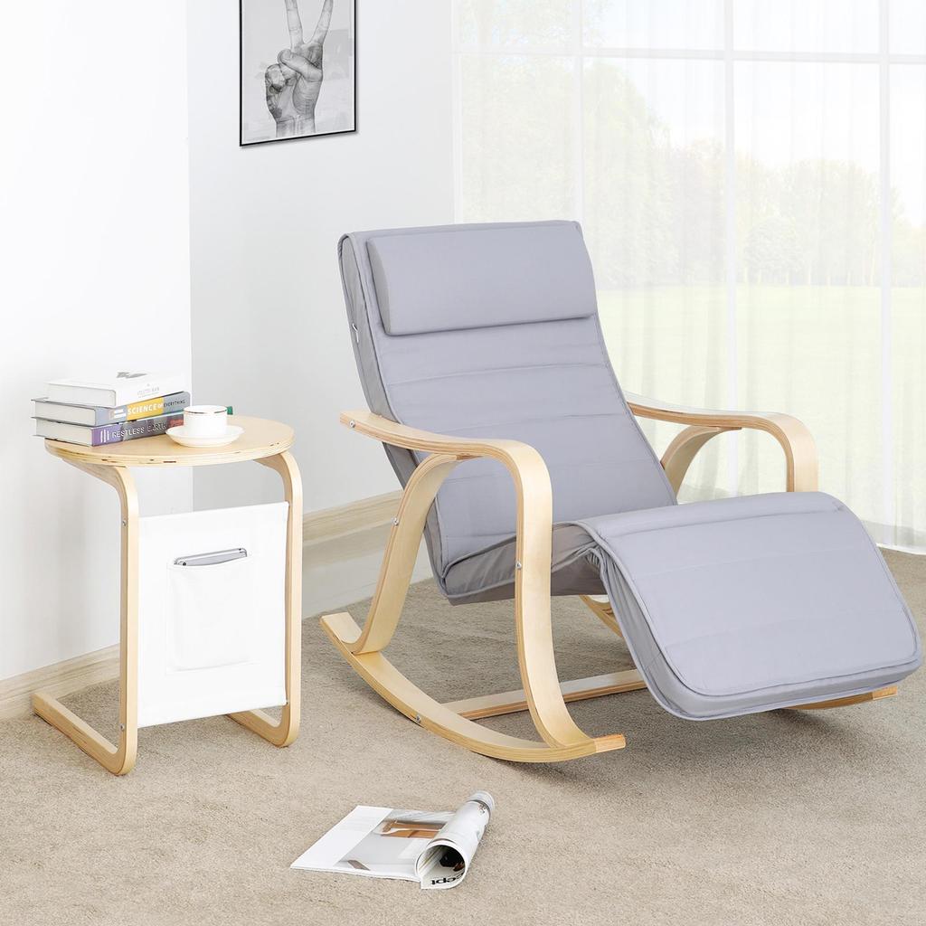 SONGMICS LYY41G Rocking Recliner Chair 5-Way Adjustable Calf Support Load 150 Kg Grey, Wood, Hellgrau, 67 X 125 X 91 Cm
