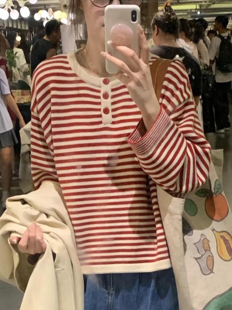 Women's Korean-Style Striped Knit Sweater - Round Neck, Loose Fit, Fall 2025 College Fashion