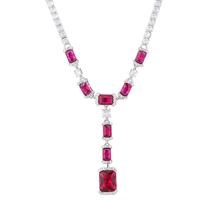 Jewelry Copper Plated Real Gold Simulation Red Corundum Blue Spinel Versatile Chain Premium Banquet Necklace Women'S 8 * 10