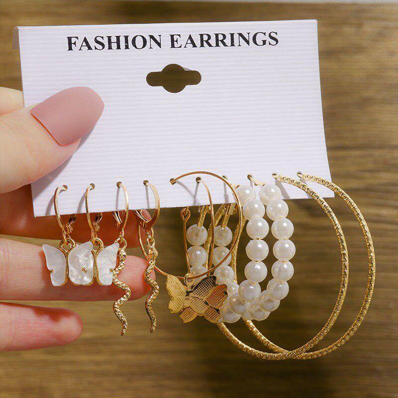 New Arrival Stylish Silver Earrings Suit Fashion Inlaid Pearl Earrings Circle Simple Cold Style Ear Ring