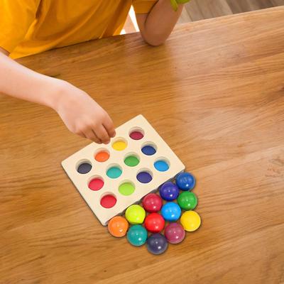 Rainbow Wooden Balls with Tray for Kids Enhances Hand Eye Coordination Funny Color Sorting