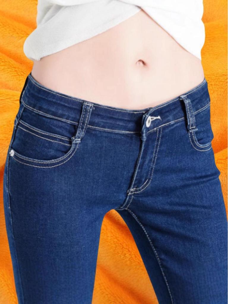 Damen Slim Fit Low-Waist Jeans mit Fleecefutter: Elastische, eng anliegende Cropped-Bleistifthosen