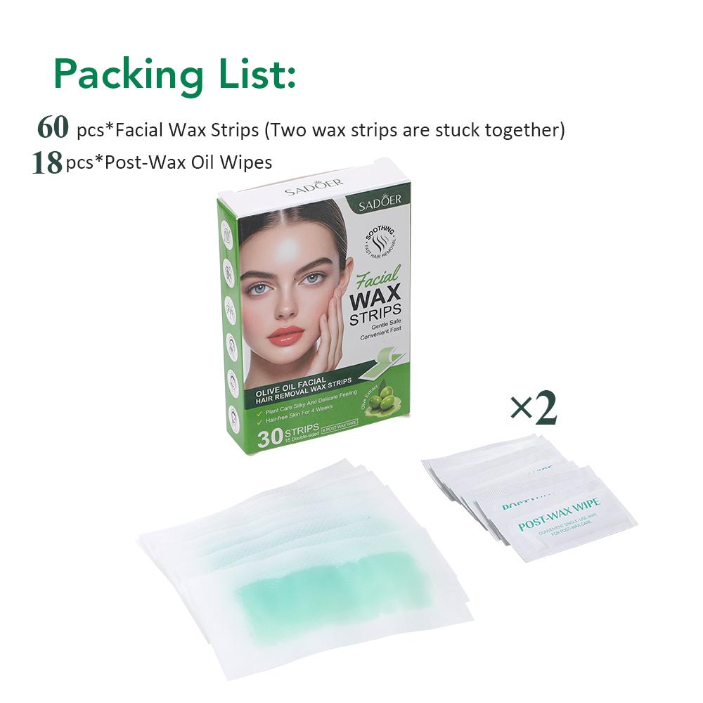 Facial Depilatory Wax Strips 30Pcs Facial Wax Strips+8 Calming Oil Wipes Hypoallergenic Eyebrow Upper Lip Hair Removal Wax Paper