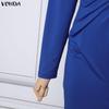 VONDA Women V Neck Long Sleeve Twisted Waist  Solid Color High Splits Party Long Dress