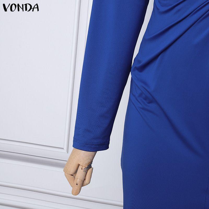 VONDA Women V Neck Long Sleeve Twisted Waist Solid Color High Splits Party Long Dress