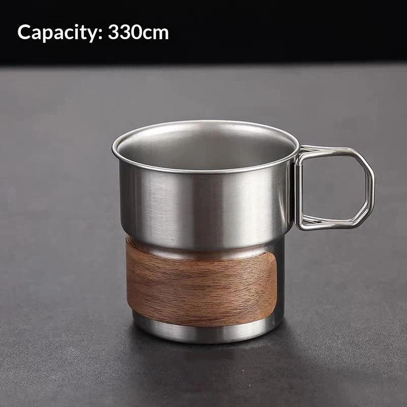230/330Ml Stainless Steel Camping Mug With Wooden Anti Scald Sleeve Foldable Handle For Hiking Picnic Travel Use