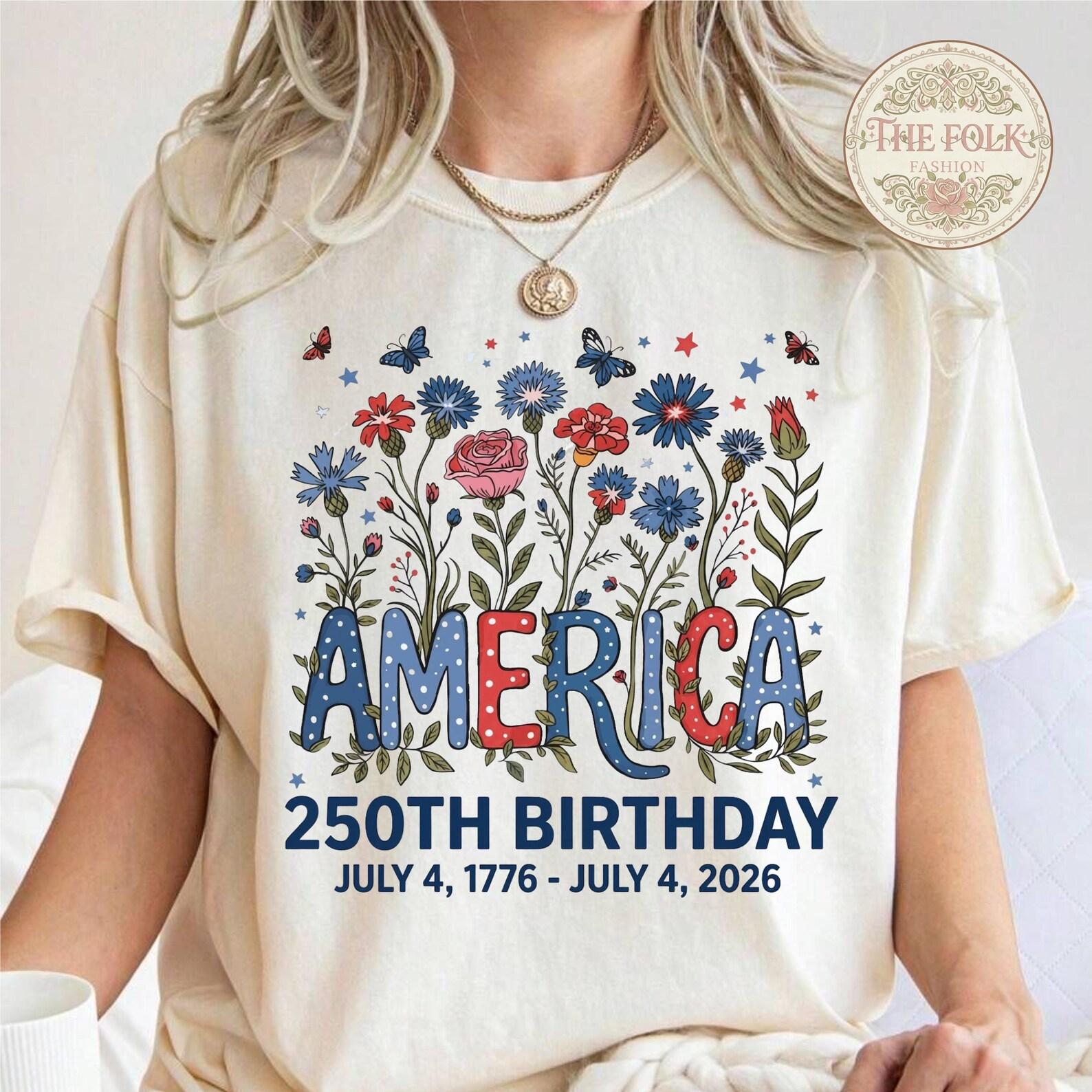 America 250th Birthday Shirt, July 4 1776-2026 USA Celebration Tee, Patriotic Wildflowers Women Shirt, Semiquincentennial Gift, July 4th 2XL