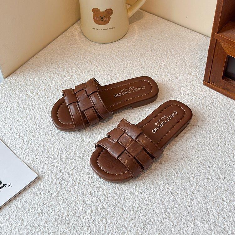 

Girls slippers 2025 summer new children s woven one-word slippers baby non-slip beach shoes wear cool slippers tide 36 коричневый