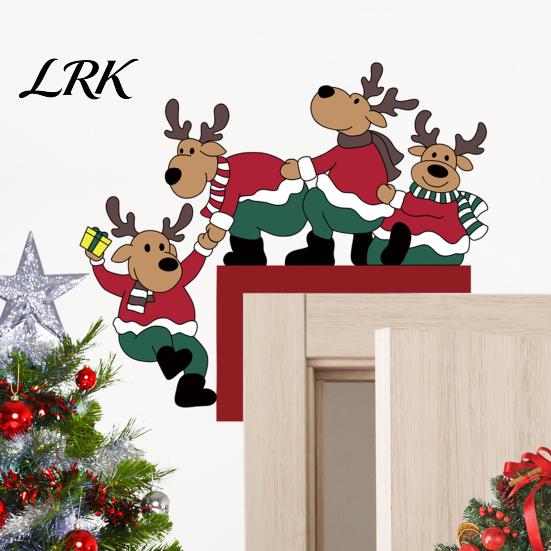 Winter Holiday Room Decor Christmas Door Corner with Snowman/Elk Designs, Wooden Hanging Ornaments Frame Ornament, Decorative Topper Home Festive Elk