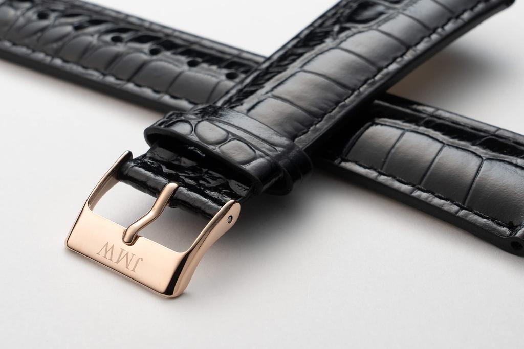 JMW TOKYO Watch 22mm Lug Genuine Replacement Black Rose Gold Spring Box Square Genuine Day Gift Strap, Width, Leather, Strap, Leather, Buckle, Tools,