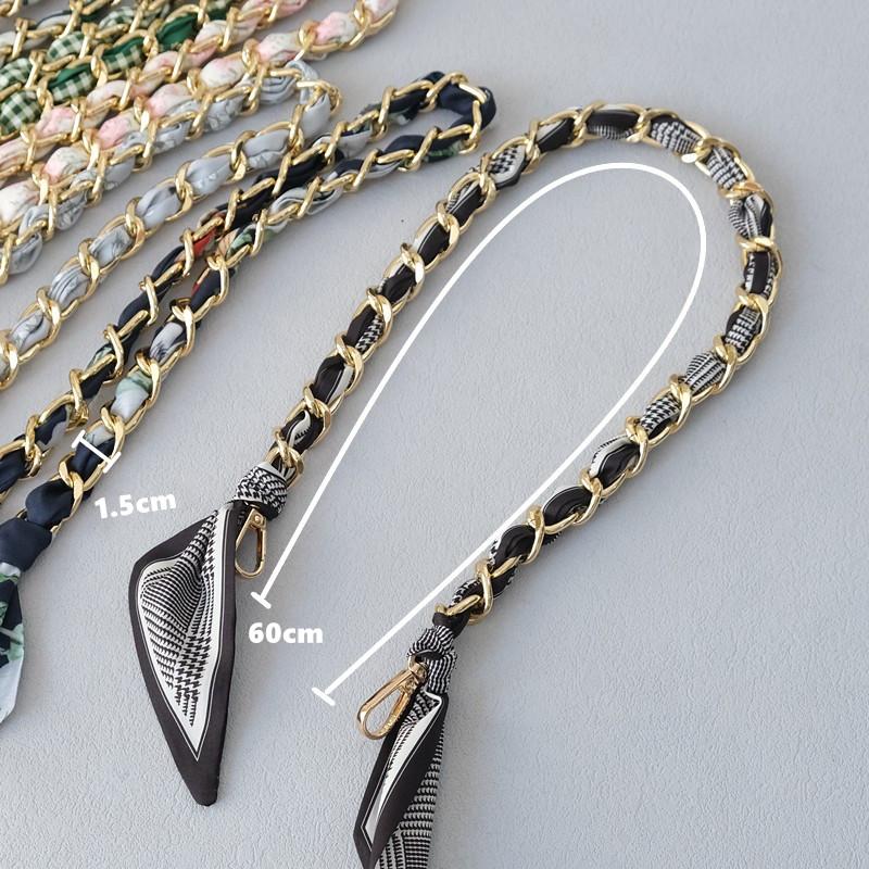New Fashion Brand Woman Handbag Accessory Chains Detachable Floral Print Gold Silver Metal Silk Shoulder Strap Women DIY Chain Bag Handles