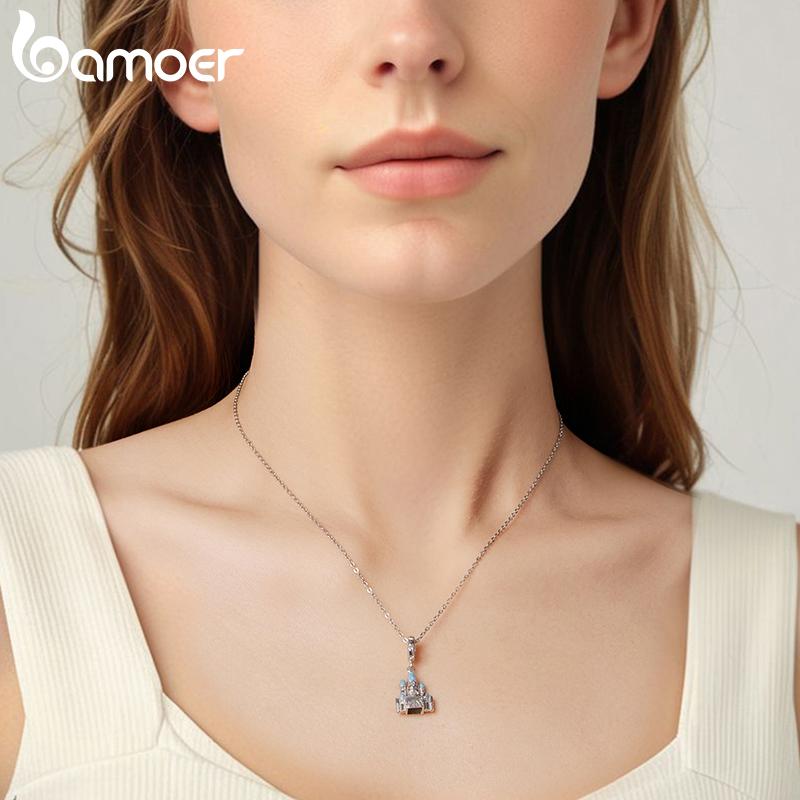 BAMOER 925 Sterling Silver Romantic Castles Pendant Pink Bow Spacer Beads Cross Faith Charm for Necklace DIY Jewelry Accessories