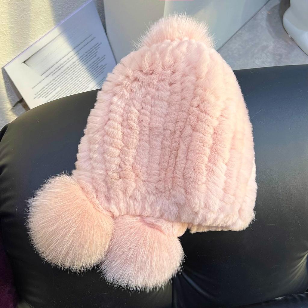 Girl Cute Real Rex Rabbit Fur Hat Big Fox Hairball Head Hat Thickened Warm Ear Hat Winter
