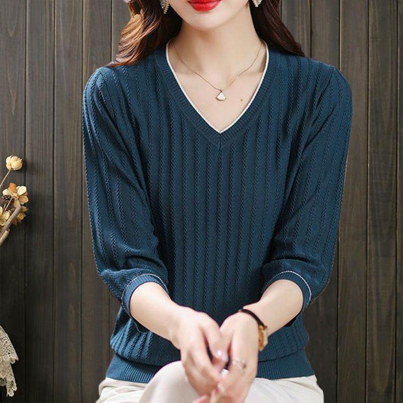 3/4 Sleeve Shirt Women Mid Sleeve Top Ice Silk Knit Thin Mom Spring Base Layer Blouse