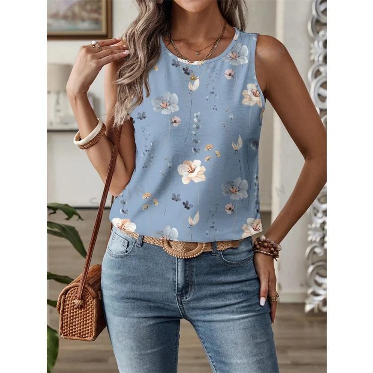 Summer Daily Casual Women's O-neck Tank Top Street Fashion Flower Print Sleeveless Outdoor Sports Top