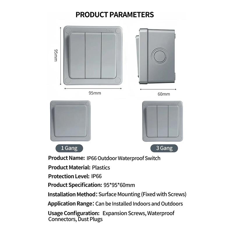 IP66 Waterproof Push Button Power Switch 2 Way Outdoor Wall Light Switch 1/3 Gang 16A Dust-Proof For Home Garden