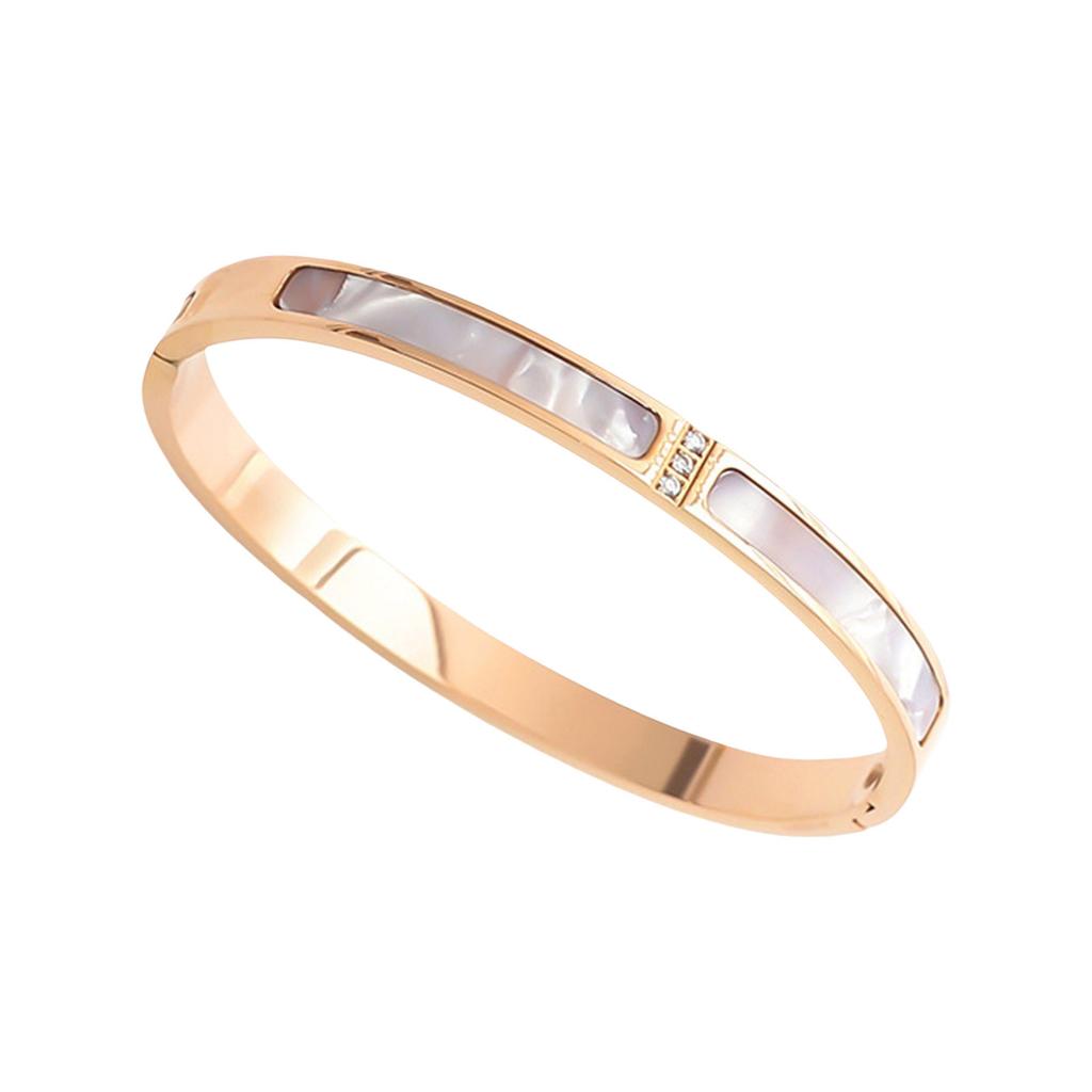 Alloy Bangle With 3 Shining Diamonds and White Shell Accent Fashion Accessory for Stylish Everyday Jewelry Pieces