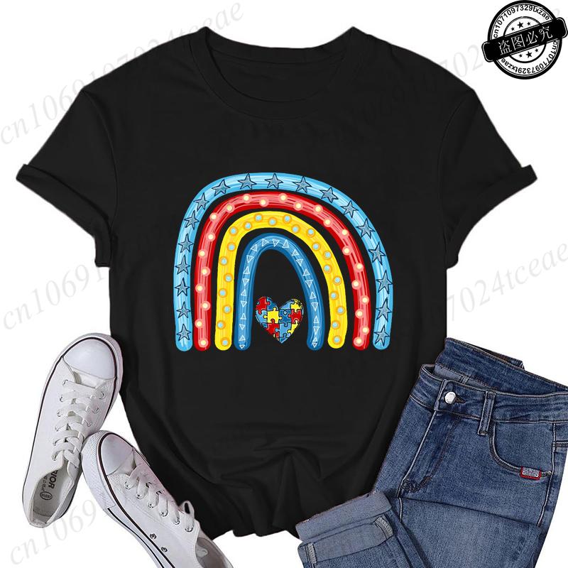 

Autism Rainbow Awareness TShirt for Women Clothing Be Kind Printed TShirts Short Sleeve Tees Autism Support Squad Tshirt Tops 4XL
