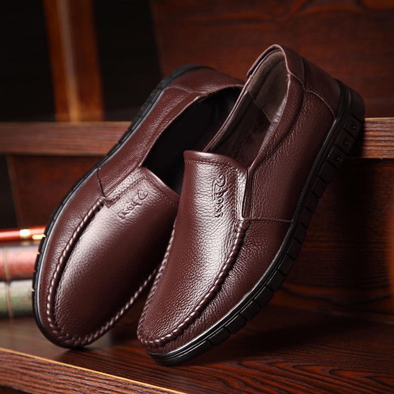 Leather Men's Casual Leather Shoes Cowhide Spring and Autumn Business Breathable Soft Leather Non-slip Father Round Head Shoes