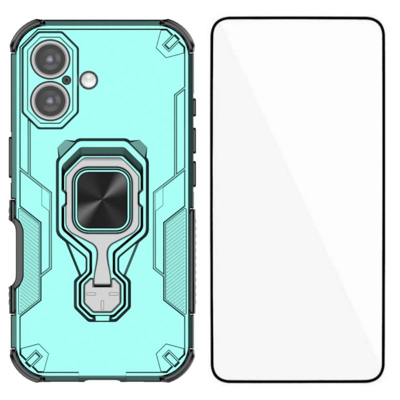 

For iPhone 16 Phone Case WANLONFENG PC TPU Back Cover Kickstand with Tempered Glass E