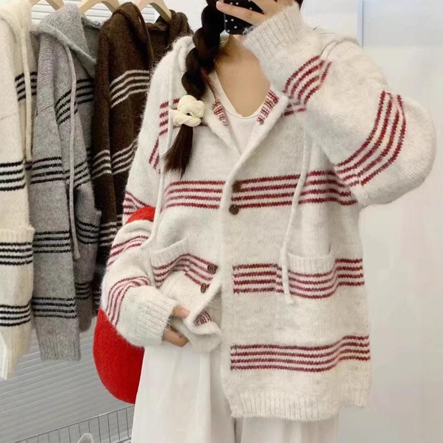 Women's Color Block Striped Knit Cardigan - Korean Style Autumn/Winter Hooded Casual Wear