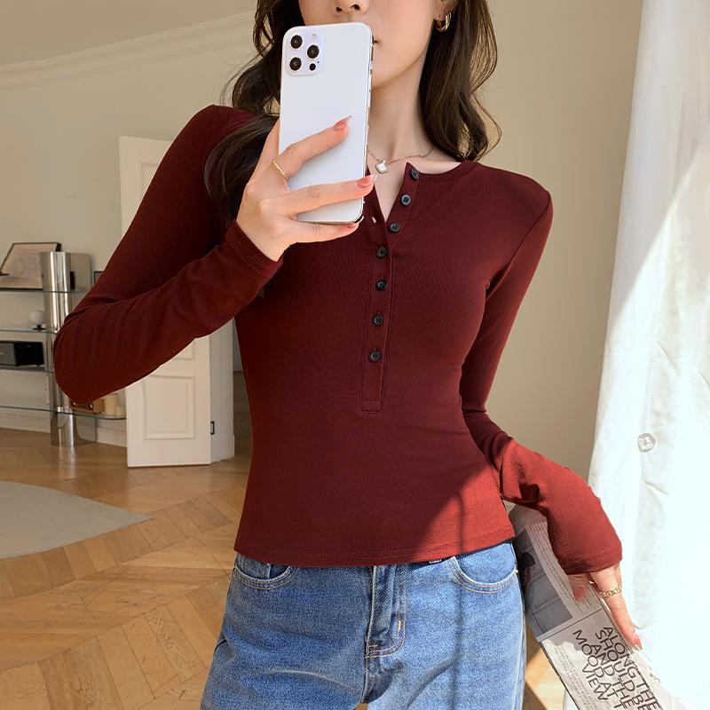 Women's Early Autumn Korean Style Slim Fit Long Sleeve Half-Open Collar Shirt