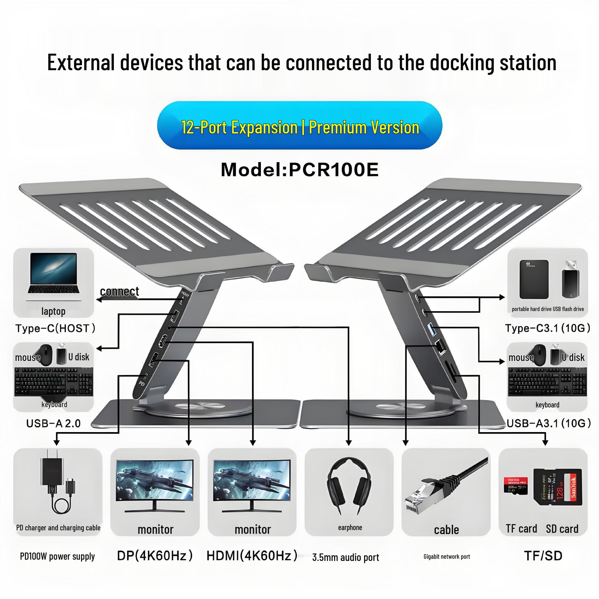 Aluminum Alloy 360° Rotating Laptop Docking Stand with Adjustable Height PCR100E