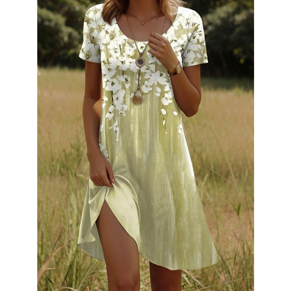 Abiti casual da donna con stampa floreale, manica corta, girocollo, per estate e primavera