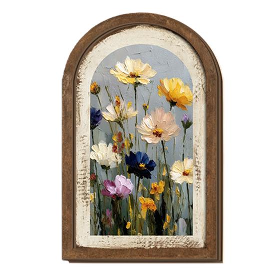 Vintage Framed Wall Art, Curved Wooden Floral Wall Art, Arched Wood Framed Wall Art, Rustic French Country Style Paintings for Bedroom