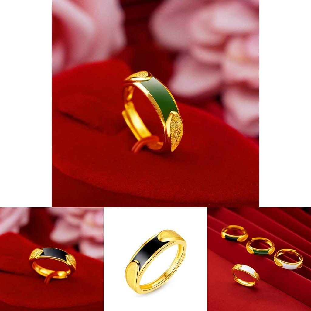 Stunning Copper Gold Plated Couple Rings With Unique Geometric Style And Gorgeous Black Green Gemstone Finish