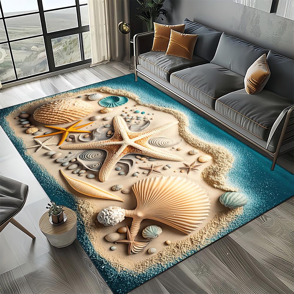 New Starfish Beach Shell Sea Star Sand Carpet Rug for Living Room Bedroom Home Sofa Decoration,Kids Play Non-slip Floor Mat