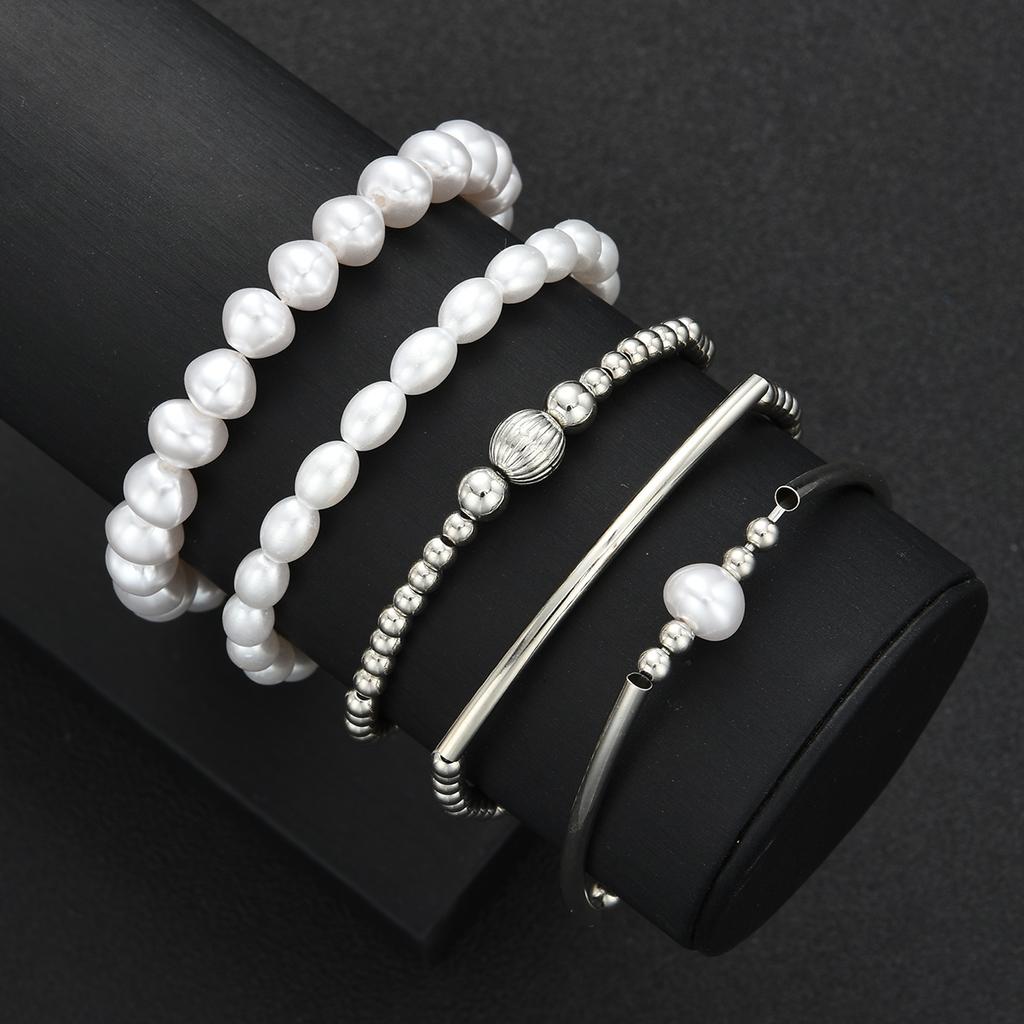 5pcs Simple Beaded Pearl Design Bracelet Set For Women Vintage Silver Color Charm Bangles Holiday Date Daily Party Jewelry Gifts