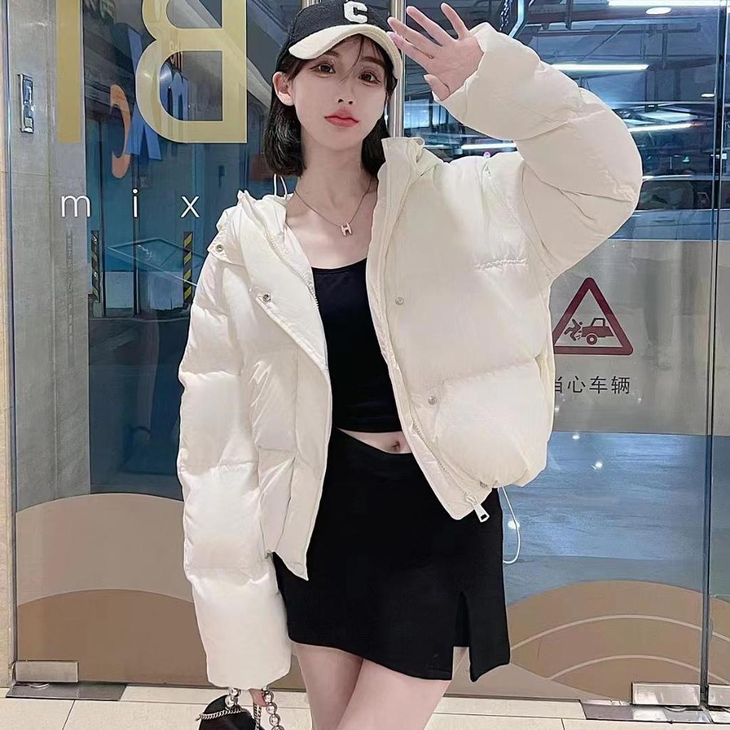 Women's Short Light Down Jacket Autumn Winter Hooded Single Breasted Loose White Duck Down Coat Pocket Stand Collar Solid Color