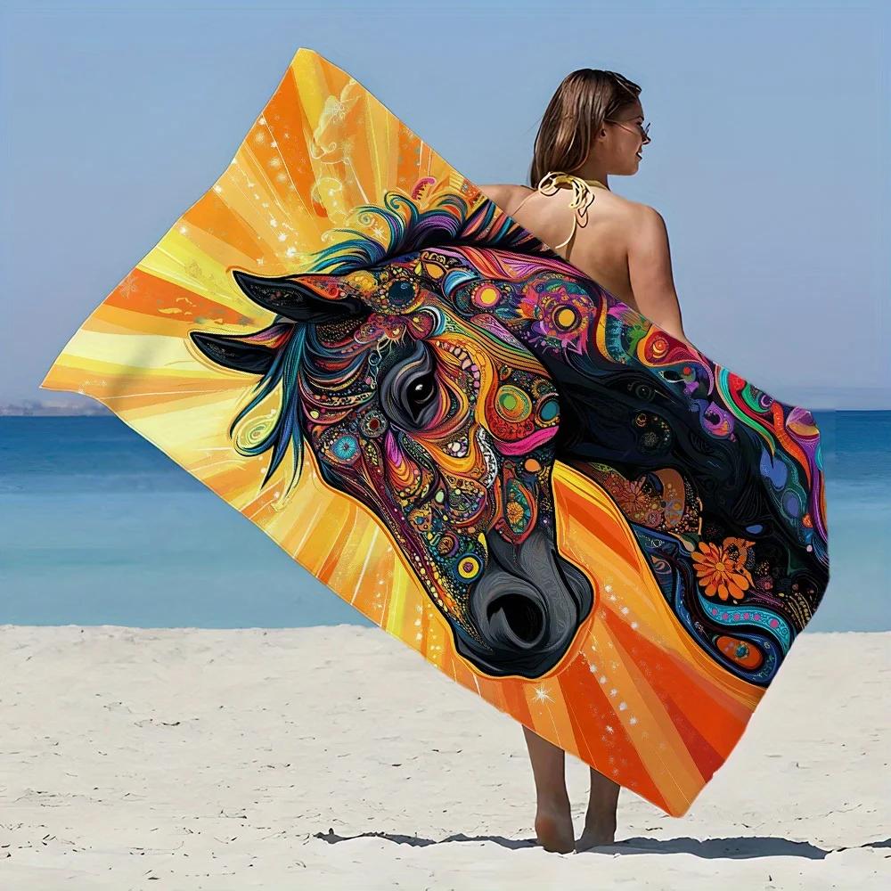 Vibrant Bohemian Horse Print Beach Towel - Ultra-Soft Microfiber, Extra Large, Quick-Dry & Sand